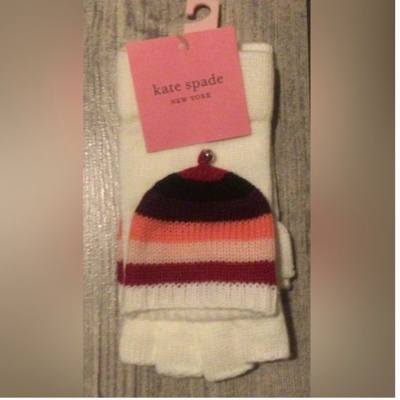 Kate spade multi stripe pop top mitten gloves white pink nwt - Picture 2 of 6